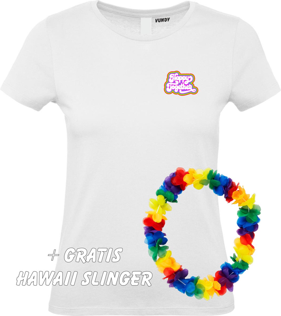 Dames t-shirt Happy Together Regenboog klein | Toppers in Concert 2022 | Toppers kleding shirt | Flower Power | Hippie Jaren 60 | Wit dames | maat M